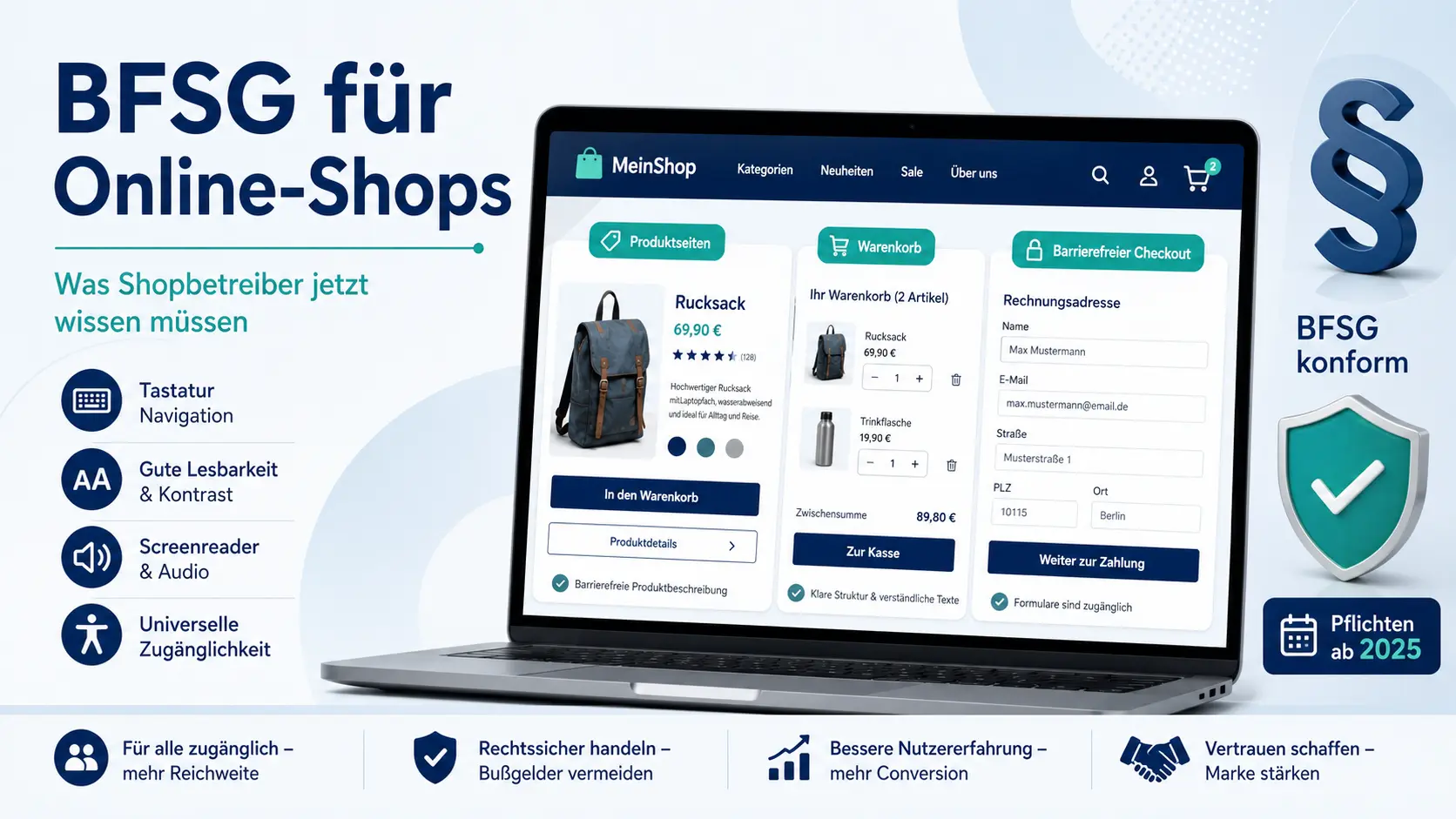 Infografik zum BFSG für Online-Shops mit Laptop, Produktseite, Warenkorb, Checkout-Formular, Barrierefreiheits-Symbolen und Hinweis auf Pflichten seit 2025.