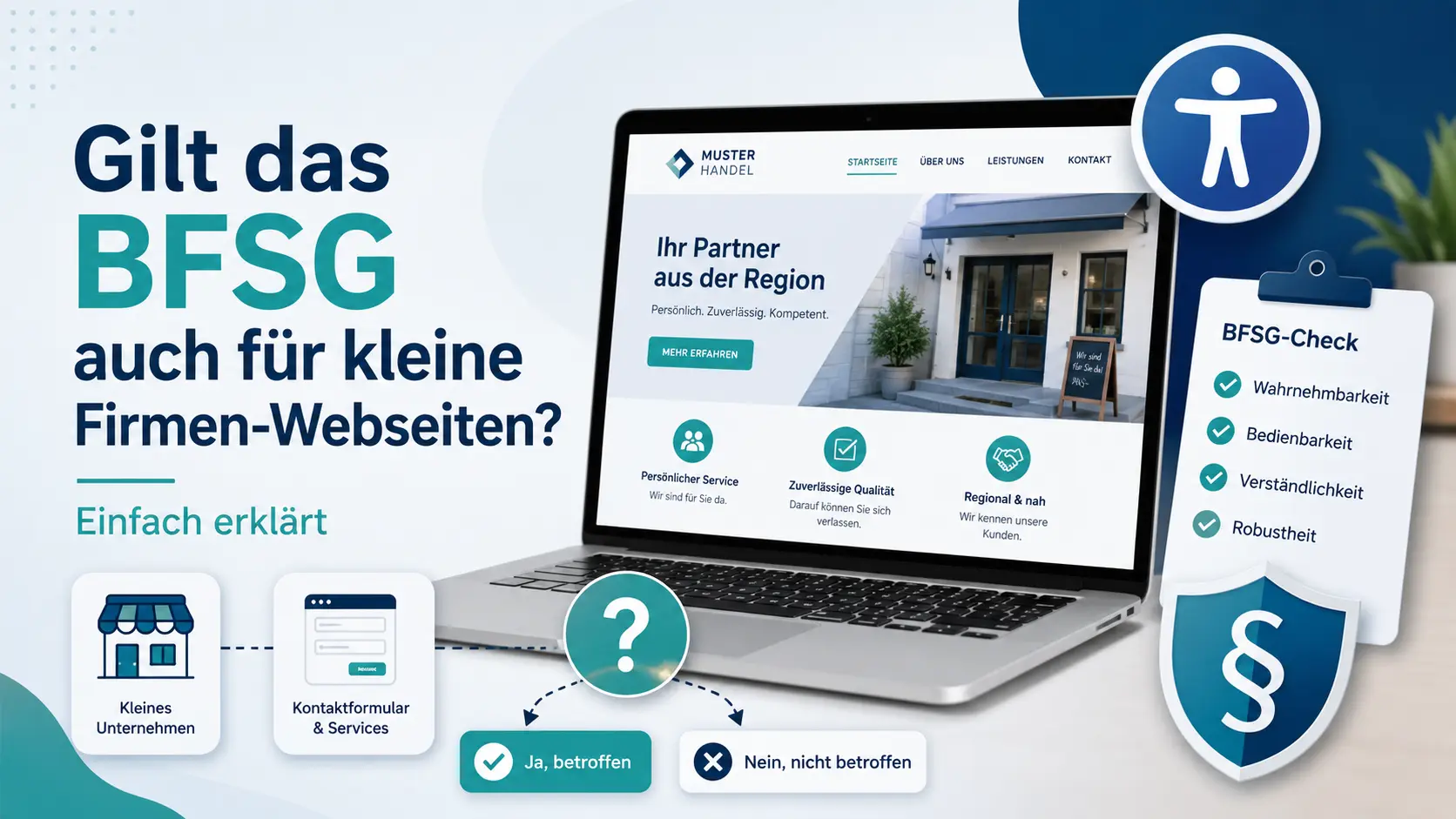 Infografik zum BFSG für kleine Firmen-Webseiten mit Laptop, Beispiel-Webseite, Barrierefreiheits-Symbol, Checkliste und Frage, ob kleine Unternehmen betroffen sind.