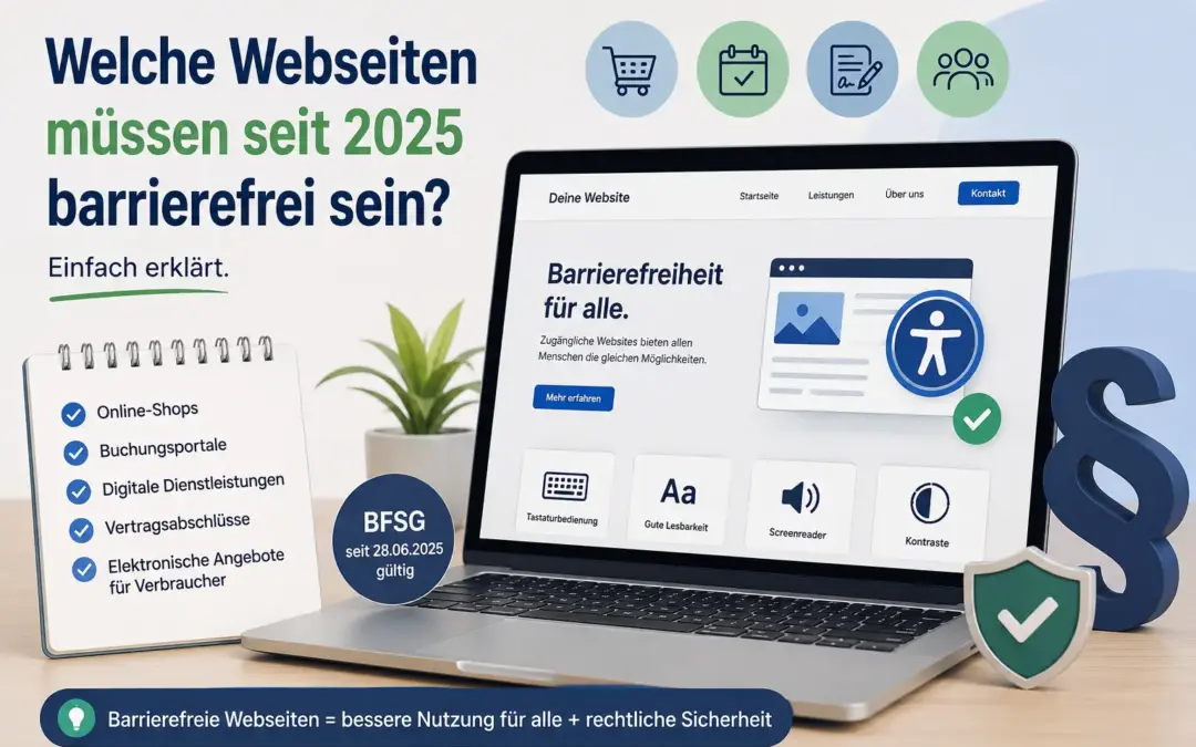 Infografik zur Barrierefreiheit von Webseiten seit 2025 mit Laptop, BFSG-Hinweis, Checkliste und Symbolen für Online-Shops, Buchungsportale und digitale Dienstleistungen.