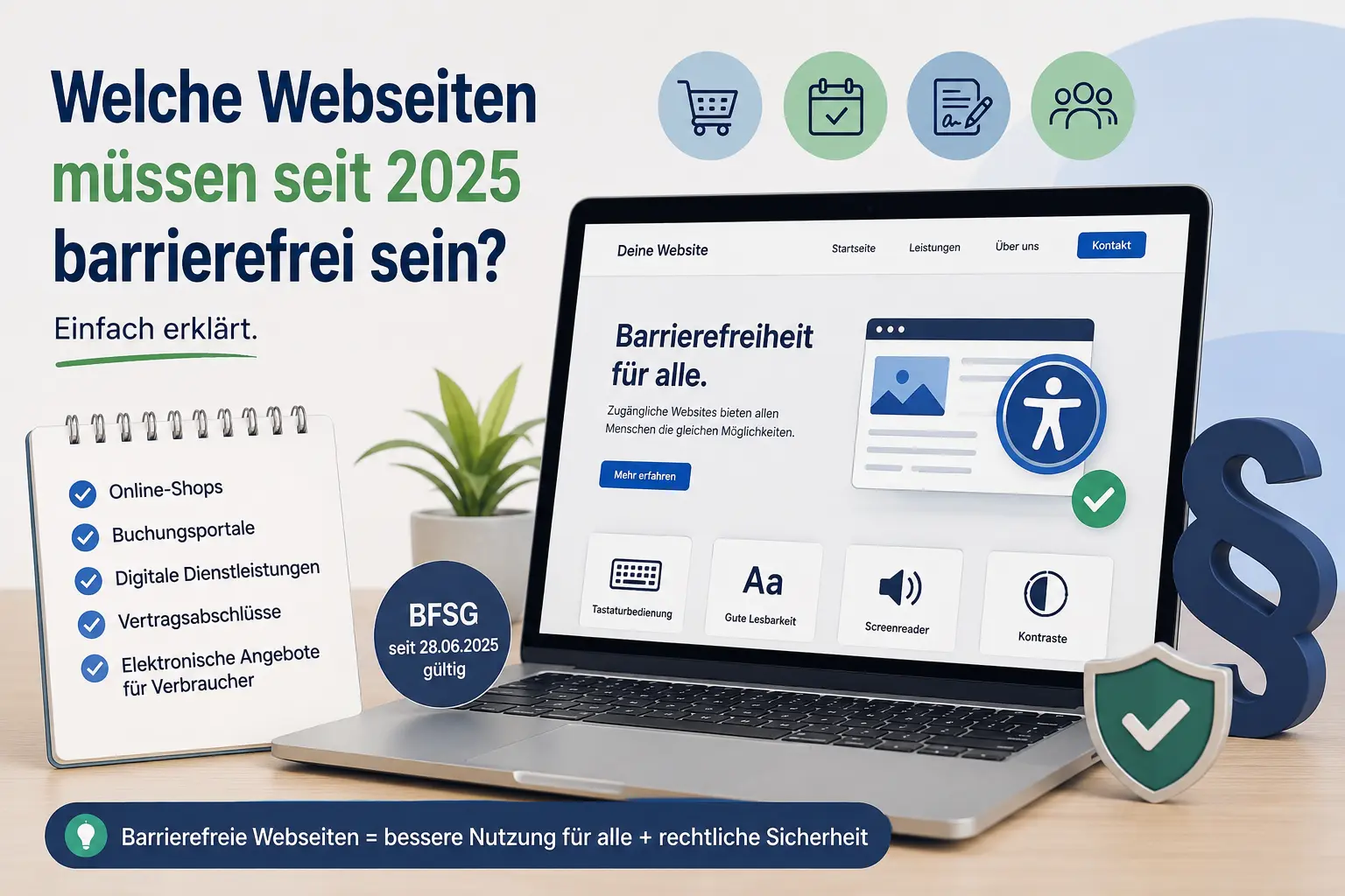 Infografik zur Barrierefreiheit von Webseiten seit 2025 mit Laptop, BFSG-Hinweis, Checkliste und Symbolen für Online-Shops, Buchungsportale und digitale Dienstleistungen.