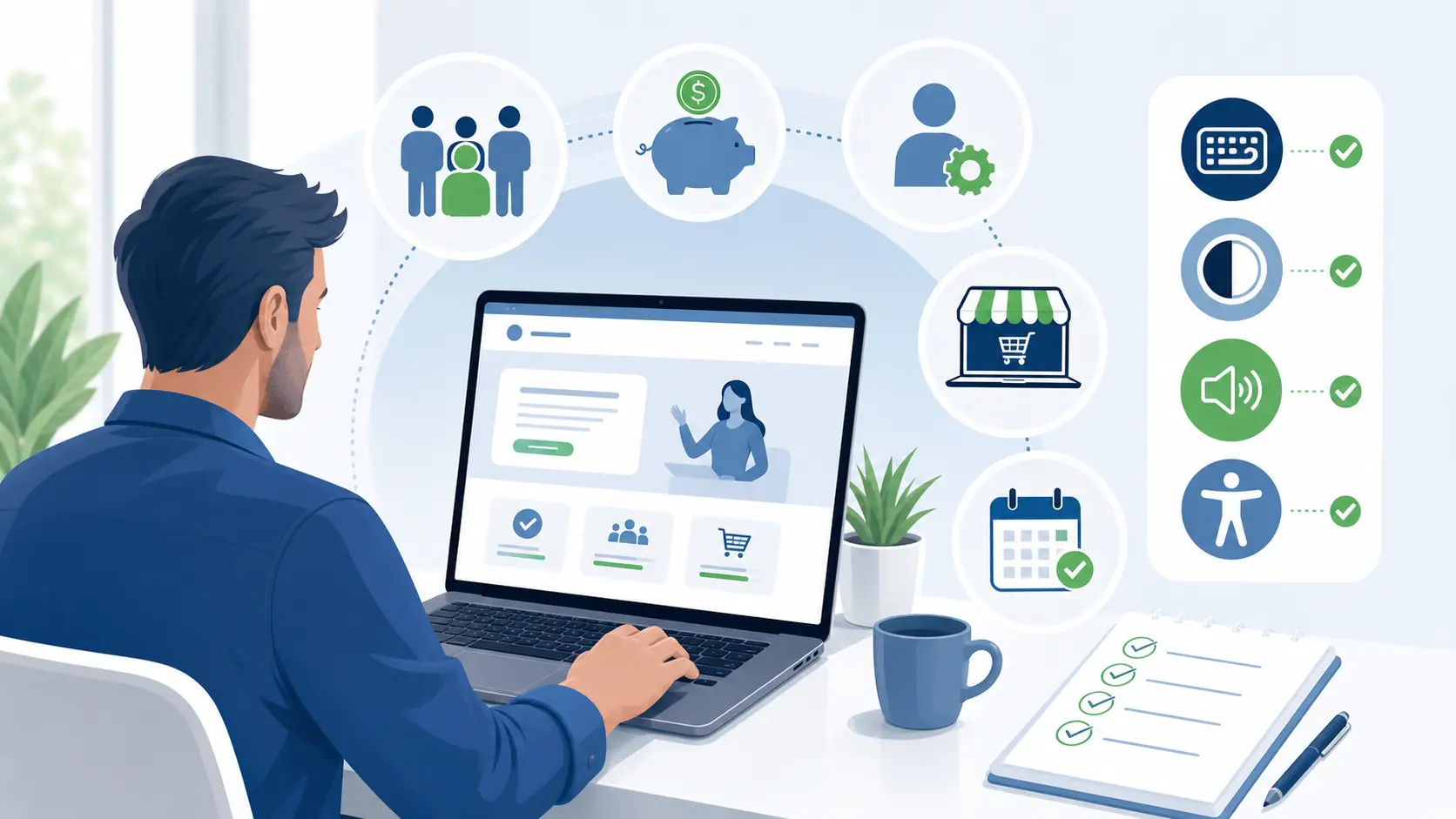 Beitragsbild zur BFSG-Ausnahme für Kleinstunternehmen mit Laptop, kleiner Unternehmensgruppe, Umsatzsymbol, Online-Shop, Terminbuchung, Checkliste und Barrierefreiheits-Symbolen.