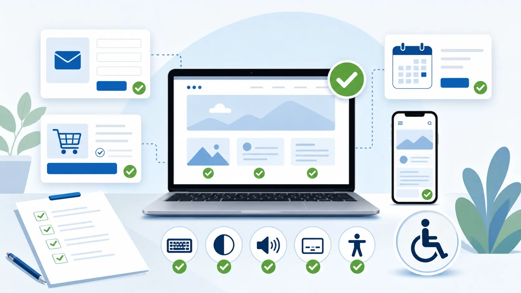 Beitragsbild zur BFSG-Checkliste für Webseitenbetreiber mit Laptop, Website-Prüfung, Formular, Warenkorb, Terminbuchung, mobiler Ansicht und Barrierefreiheits-Symbolen.