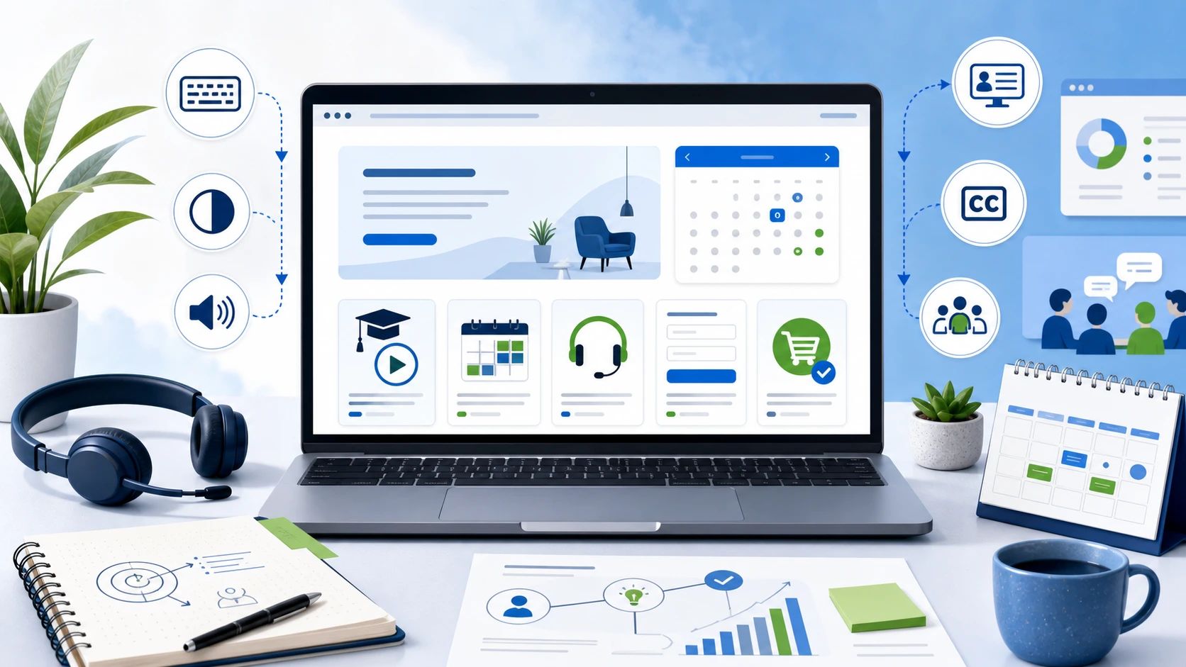 Beitragsbild zur Frage, ob das BFSG für Coaches, Berater und Agenturen gilt, mit Laptop, Buchungskalender, Online-Kurs, Kontaktformular, Checkout-Symbol und Barrierefreiheits-Icons.