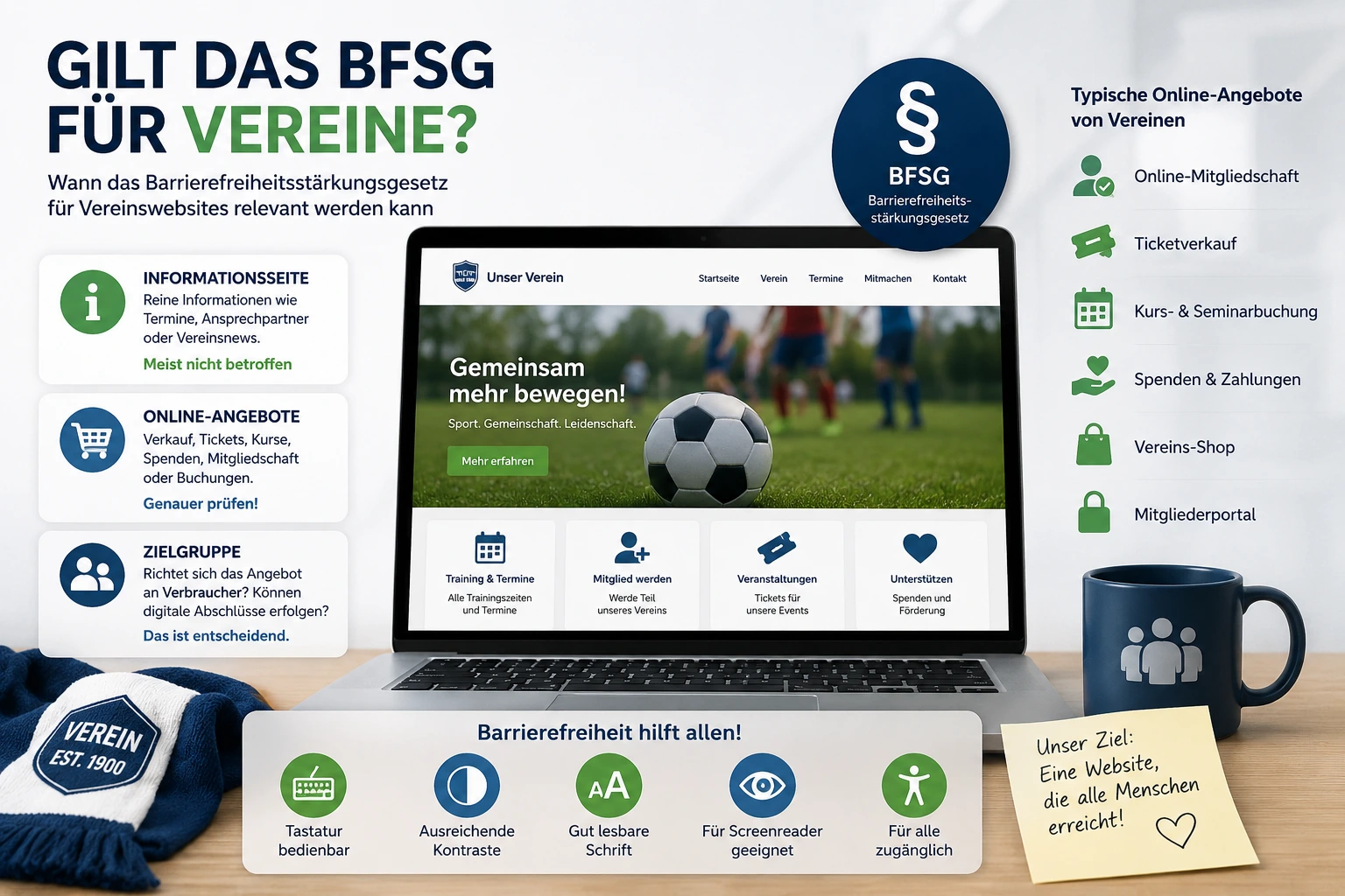 Infografik zur Frage, ob das BFSG für Vereine gilt, mit Laptop, Beispiel-Vereinswebsite, Hinweisen zu Informationsseiten, Online-Mitgliedschaft, Ticketverkauf, Spenden, Vereins-Shop und Symbolen für Barrierefreiheit.