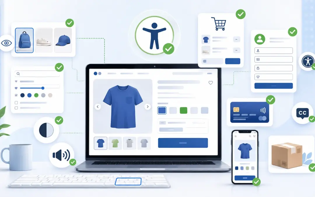Beitragsbild zur barrierefreien WooCommerce-Optimierung mit Laptop, Produktseite, Variantenwahl, Warenkorb, Checkout, Zahlungsbereich, mobiler Ansicht und Barrierefreiheits-Symbolen.