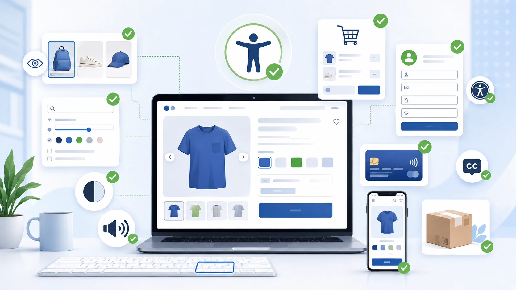 Beitragsbild zur barrierefreien WooCommerce-Optimierung mit Laptop, Produktseite, Variantenwahl, Warenkorb, Checkout, Zahlungsbereich, mobiler Ansicht und Barrierefreiheits-Symbolen.
