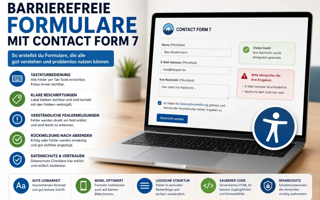 Laptop zeigt ein barrierefreies Contact-Form-7-Formular mit klaren Beschriftungen, Fehlermeldungen und Bestätigung nach dem Absenden.