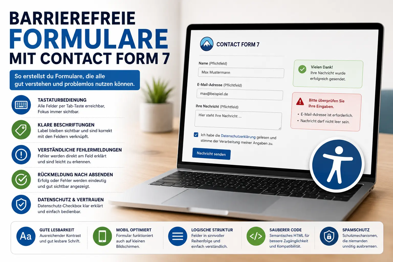 Laptop zeigt ein barrierefreies Contact-Form-7-Formular mit klaren Beschriftungen, Fehlermeldungen und Bestätigung nach dem Absenden.
