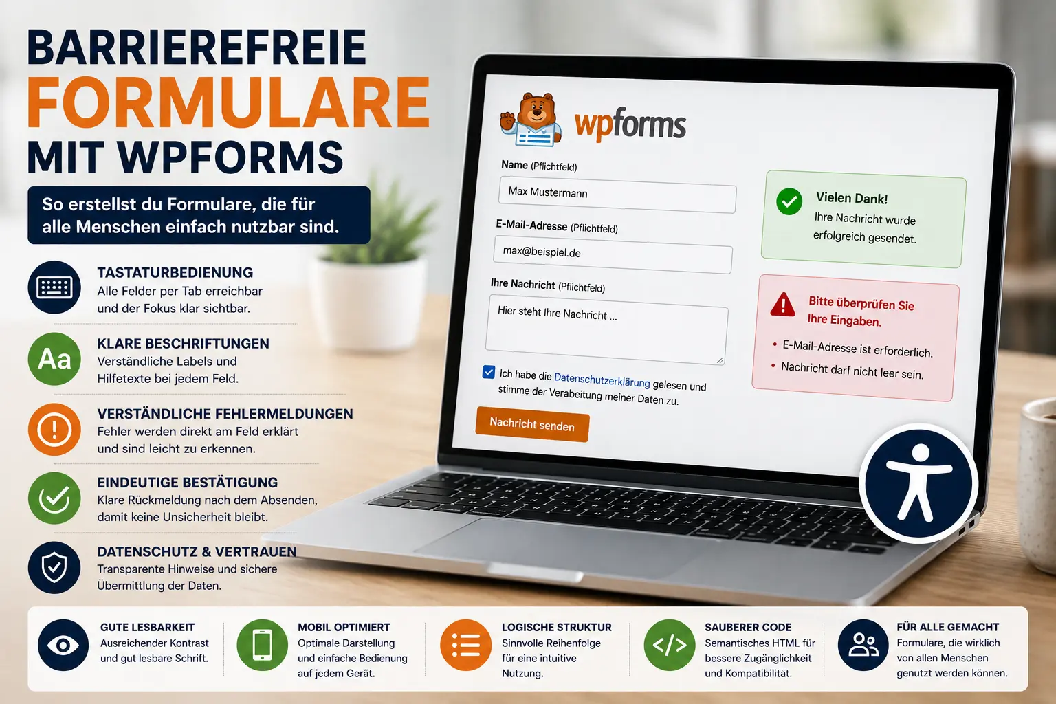 Laptop zeigt ein barrierefreies WPForms-Kontaktformular mit klaren Beschriftungen, Fehlermeldungen und Versandbestätigung.