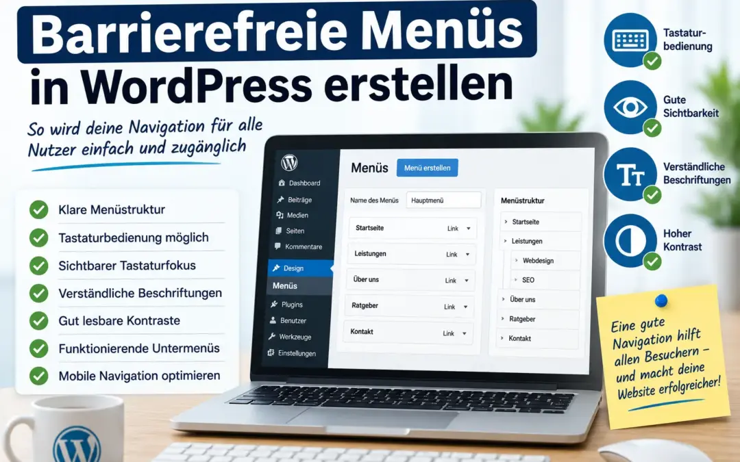 Laptop zeigt die Menüverwaltung von WordPress mit klarer Struktur und Symbolen für Tastaturbedienung, Kontrast und barrierefreie Navigation.