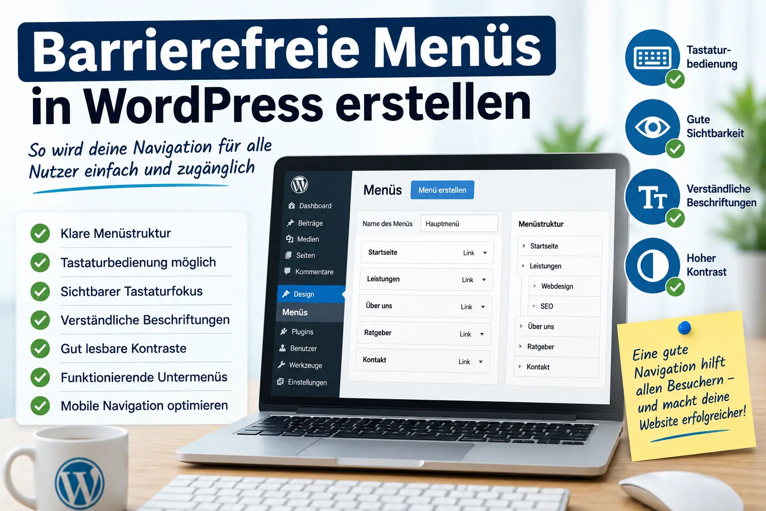 Laptop zeigt die Menüverwaltung von WordPress mit klarer Struktur und Symbolen für Tastaturbedienung, Kontrast und barrierefreie Navigation.
