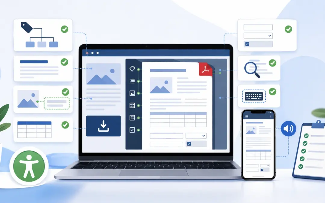 Beitragsbild zu barrierefreien PDFs auf Websites mit Laptop, PDF-Dokument, Download-Bereich, Dokumentstruktur, Tabellen, Formularfeldern, mobiler Ansicht, Prüfliste und Barrierefreiheits-Symbolen.