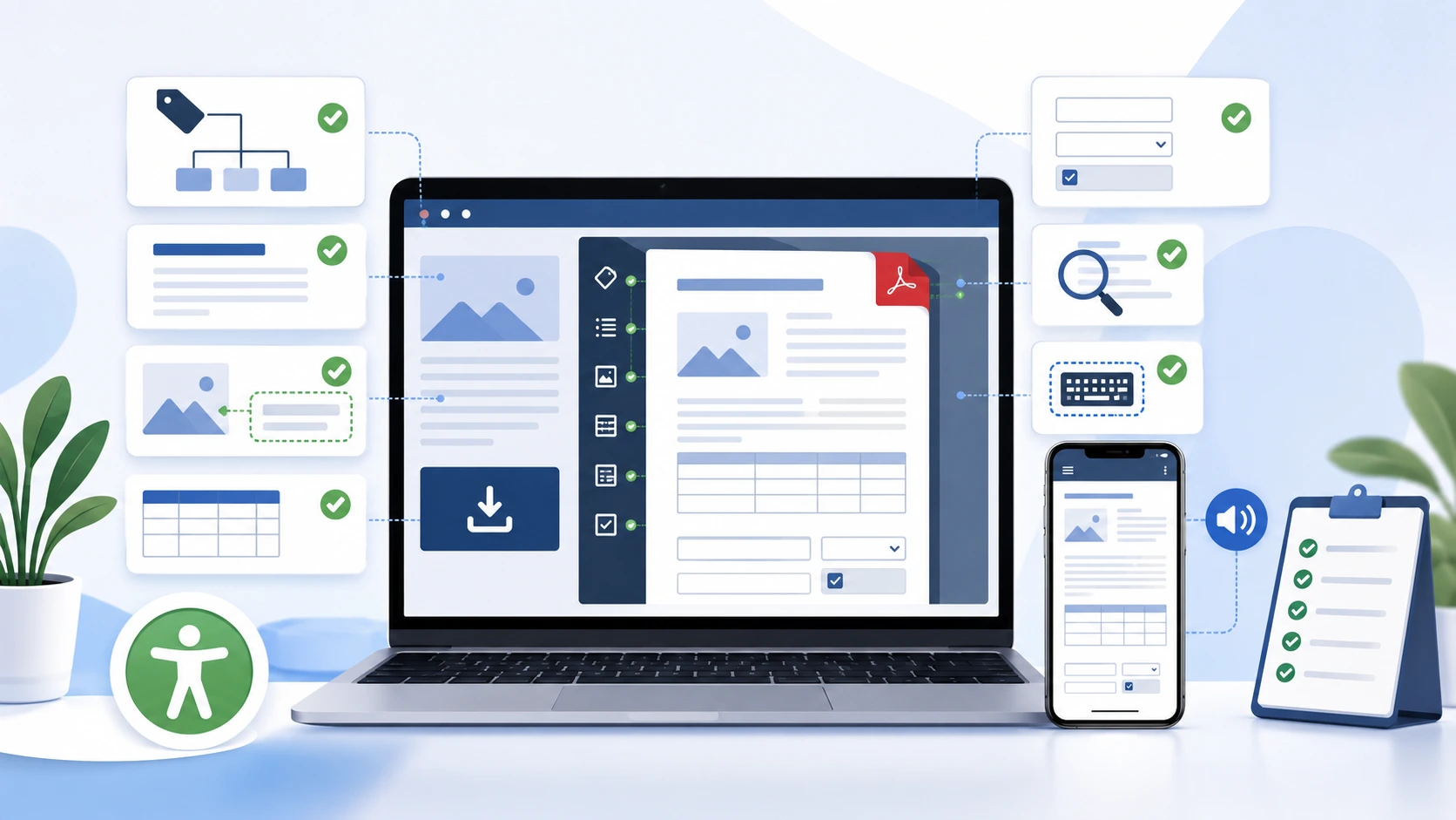 Beitragsbild zu barrierefreien PDFs auf Websites mit Laptop, PDF-Dokument, Download-Bereich, Dokumentstruktur, Tabellen, Formularfeldern, mobiler Ansicht, Prüfliste und Barrierefreiheits-Symbolen.