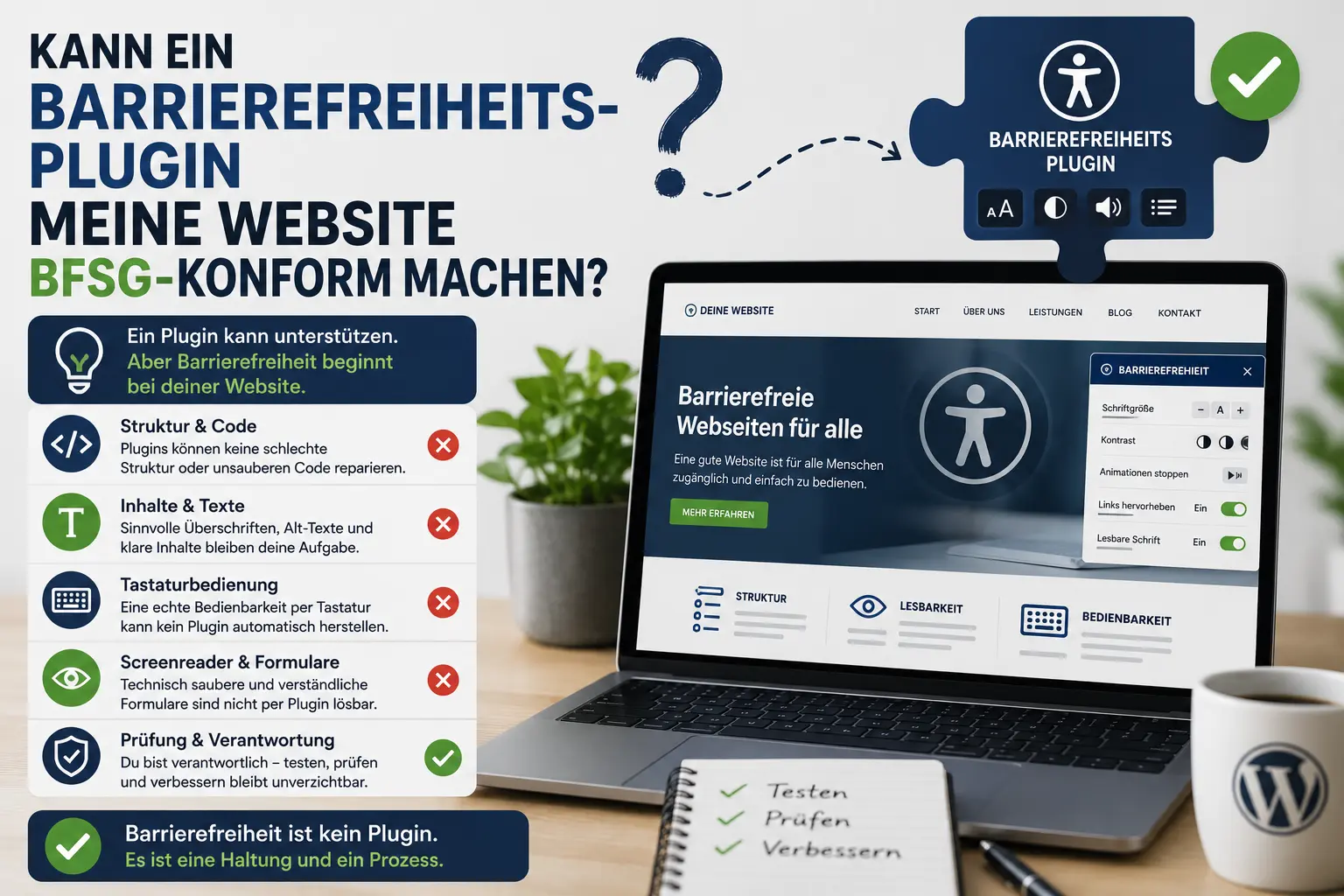 Infografik zeigt eine Webseite mit Barrierefreiheits-Plugin und Hinweisen, warum ein Plugin allein keine BFSG-Konformität garantiert.