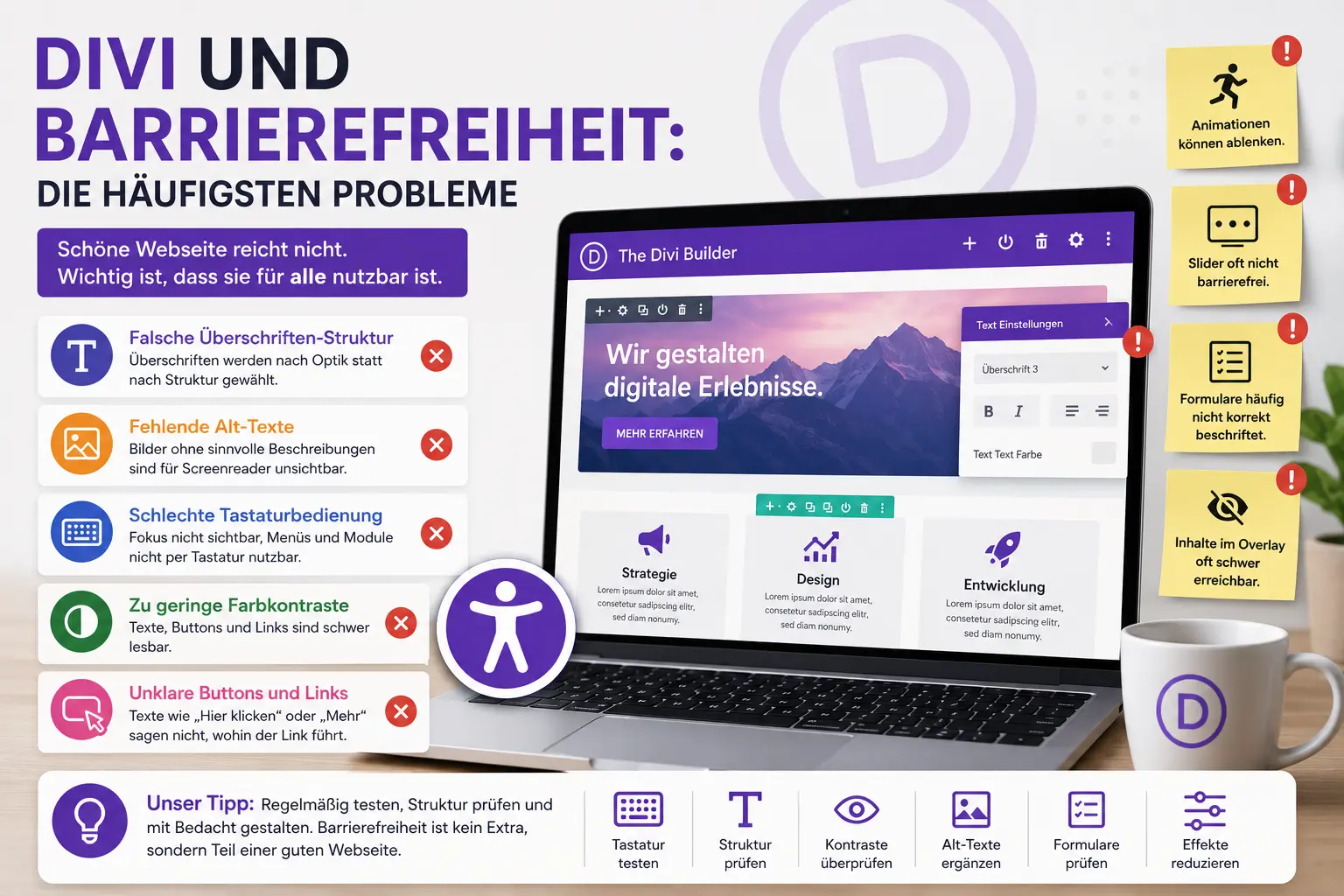 Infografik zeigt typische Barrierefreiheitsprobleme bei Divi-Webseiten wie falsche Überschriften, fehlende Alt-Texte und schlechte Tastaturbedienung.
