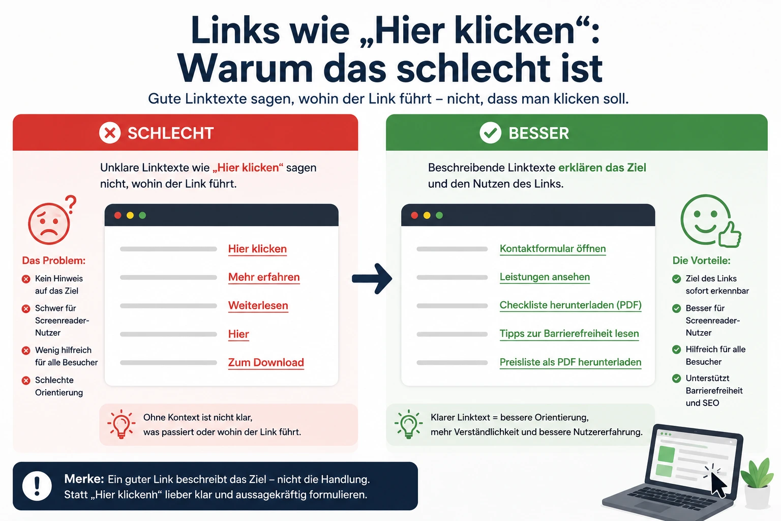 Infografik vergleicht unklare Linktexte wie „Hier klicken“ mit verständlichen und beschreibenden Linktexten.