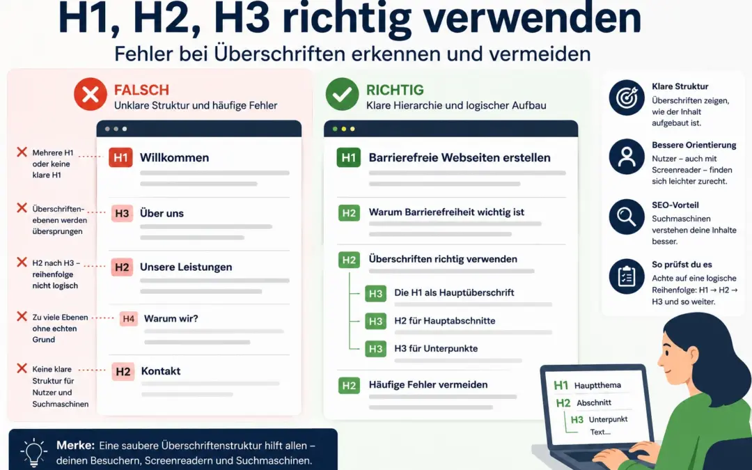 Infografik zeigt eine falsche und eine richtige Überschriftenstruktur mit H1, H2 und H3 im Vergleich.