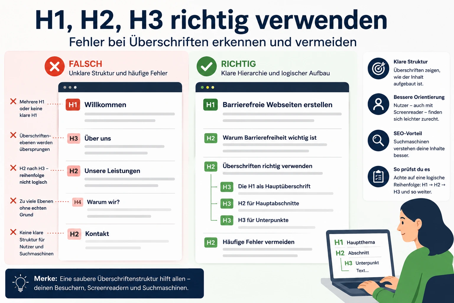 Infografik zeigt eine falsche und eine richtige Überschriftenstruktur mit H1, H2 und H3 im Vergleich.