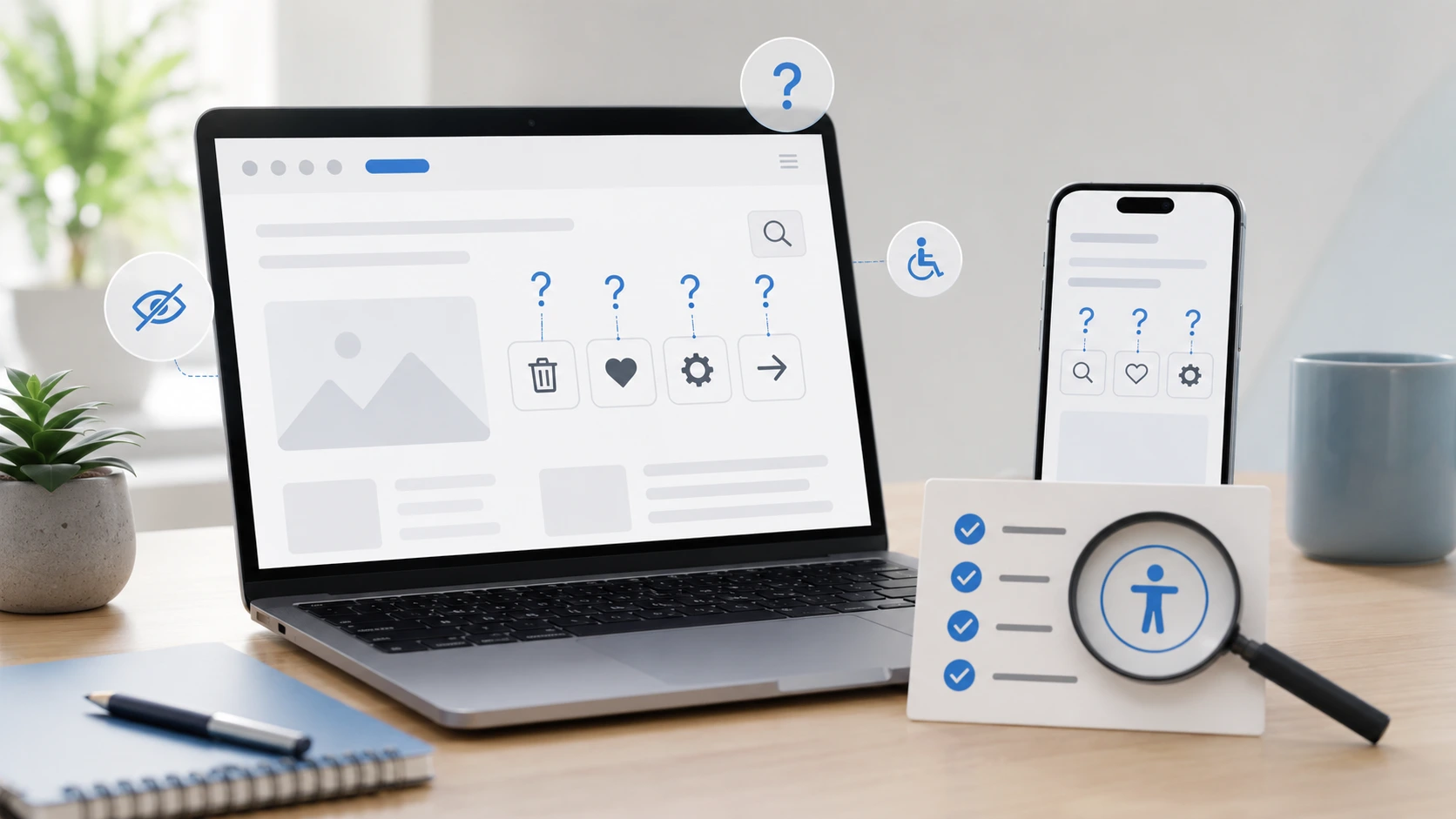 Laptop und Smartphone zeigen eine Webseite mit Icon-Buttons, Fragezeichen und Barrierefreiheits-Symbolen.