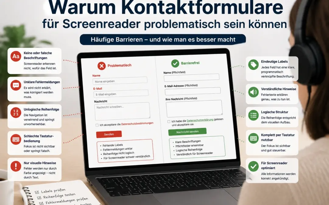 Laptop zeigt ein Kontaktformular mit Problemen und eine barrierefreie Variante für Screenreader im Vergleich.