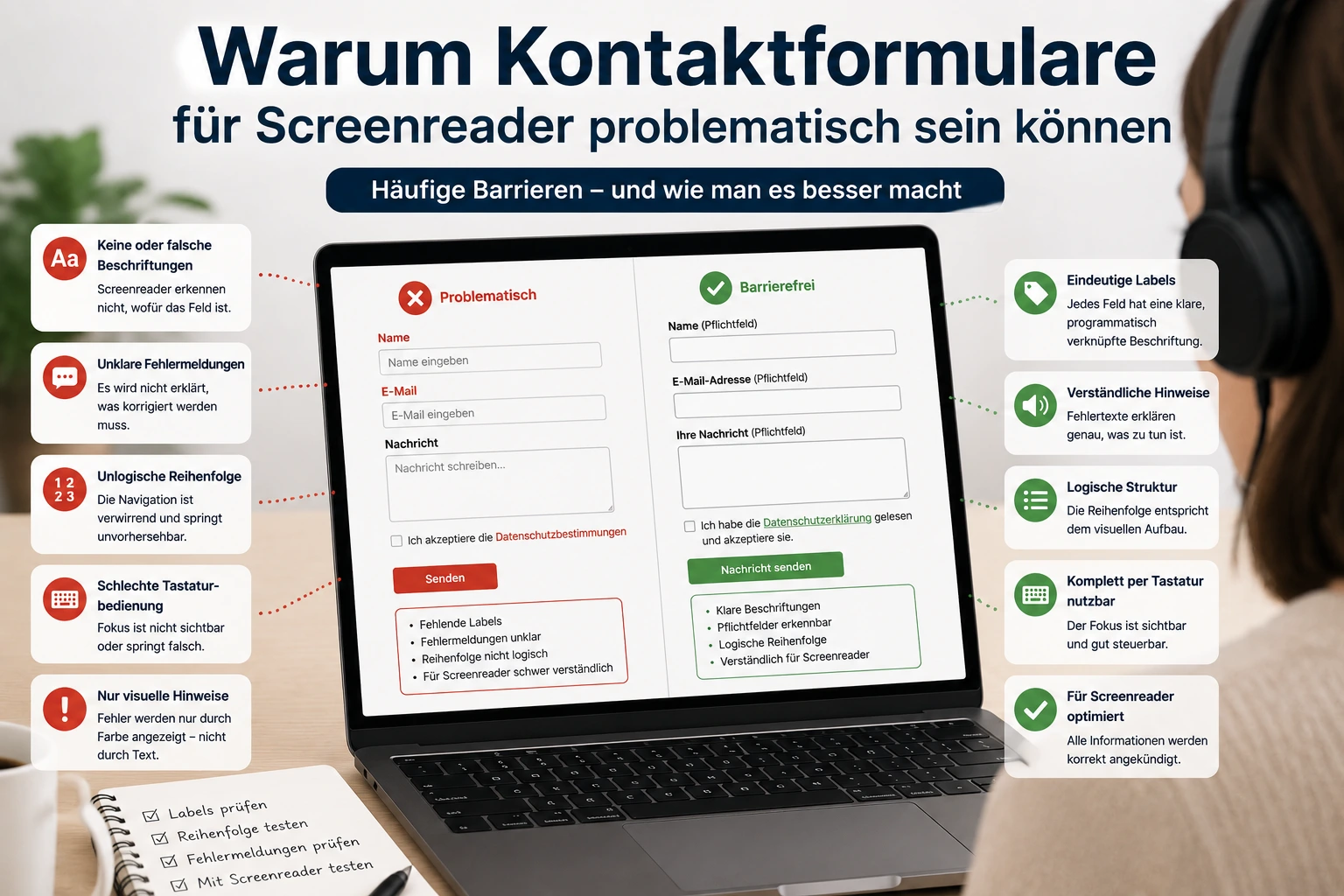 Laptop zeigt ein Kontaktformular mit Problemen und eine barrierefreie Variante für Screenreader im Vergleich.