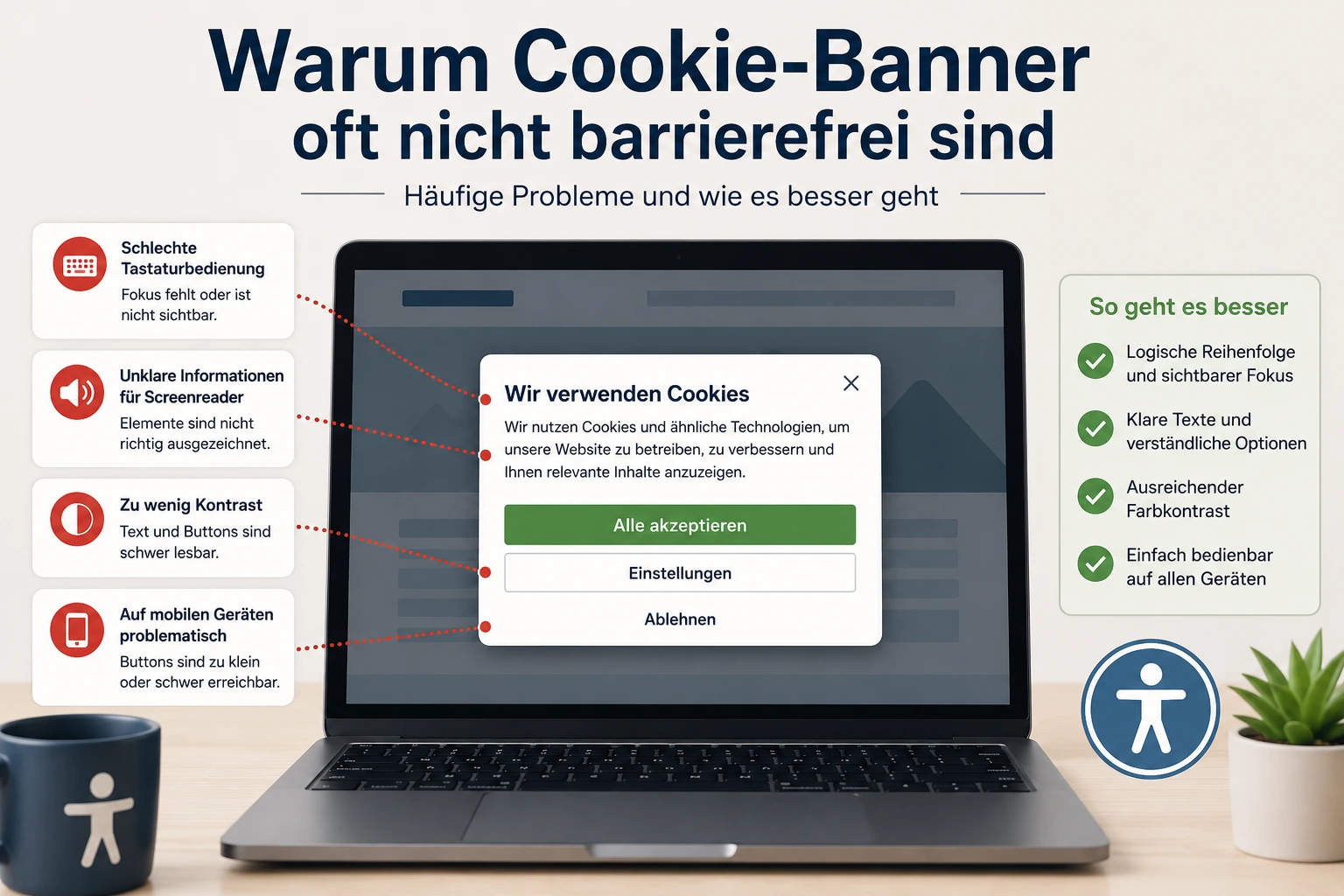 Laptop zeigt ein Cookie-Banner mit Hinweisen auf Probleme bei Tastaturbedienung, Screenreader und Farbkontrast.