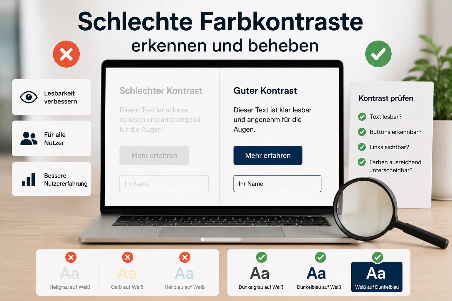 Laptop zeigt einen Vergleich zwischen schlechtem und gutem Farbkontrast auf einer Webseite.