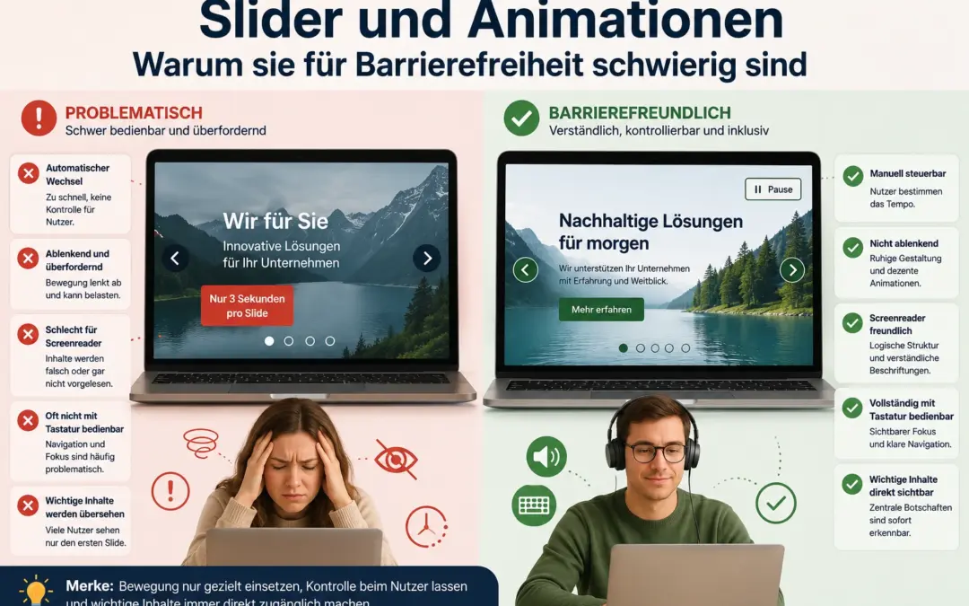 Zwei Laptop-Ansichten zeigen problematische und barrierefreundliche Slider mit Hinweisen zu Animationen und Bedienbarkeit.