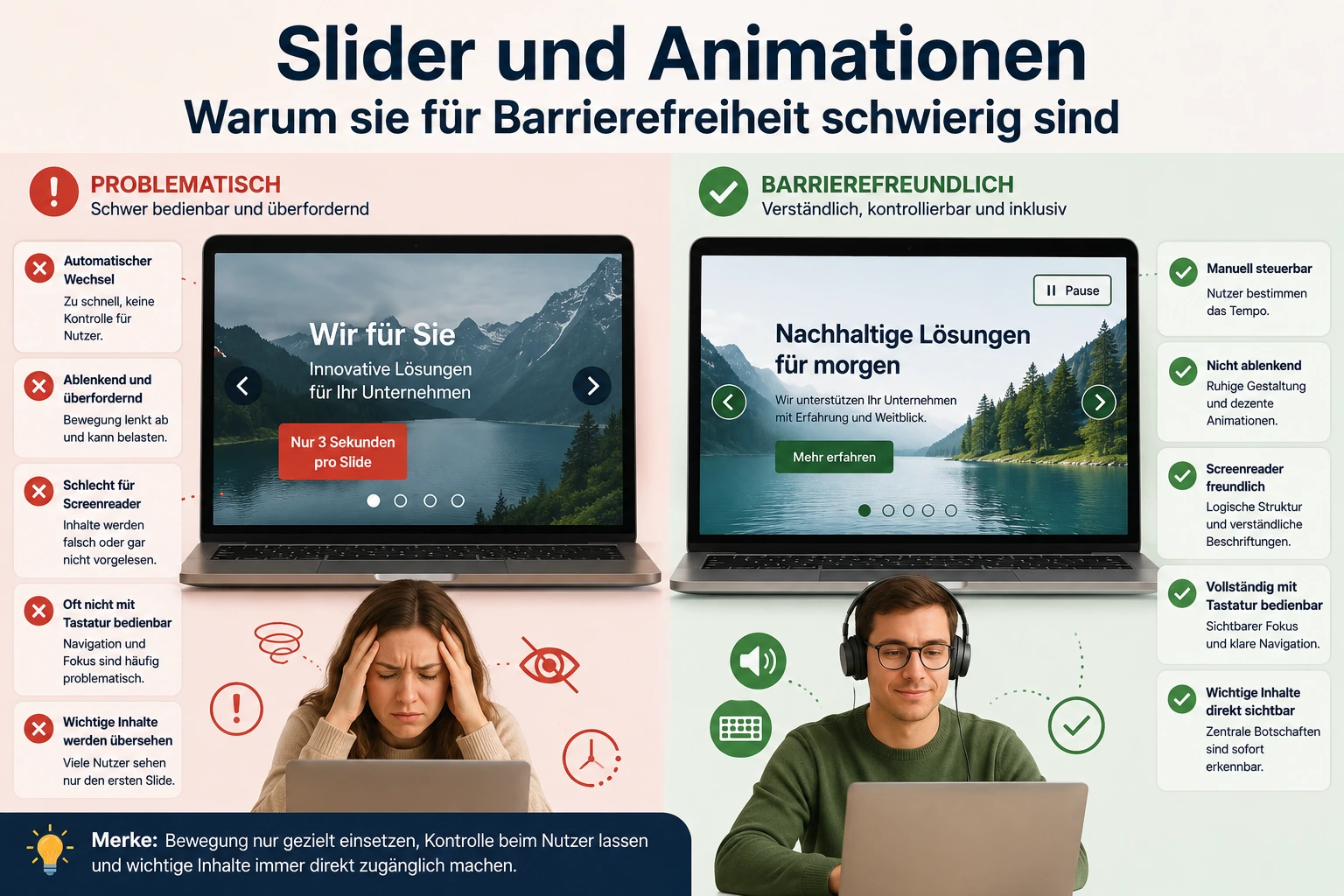 Zwei Laptop-Ansichten zeigen problematische und barrierefreundliche Slider mit Hinweisen zu Animationen und Bedienbarkeit.