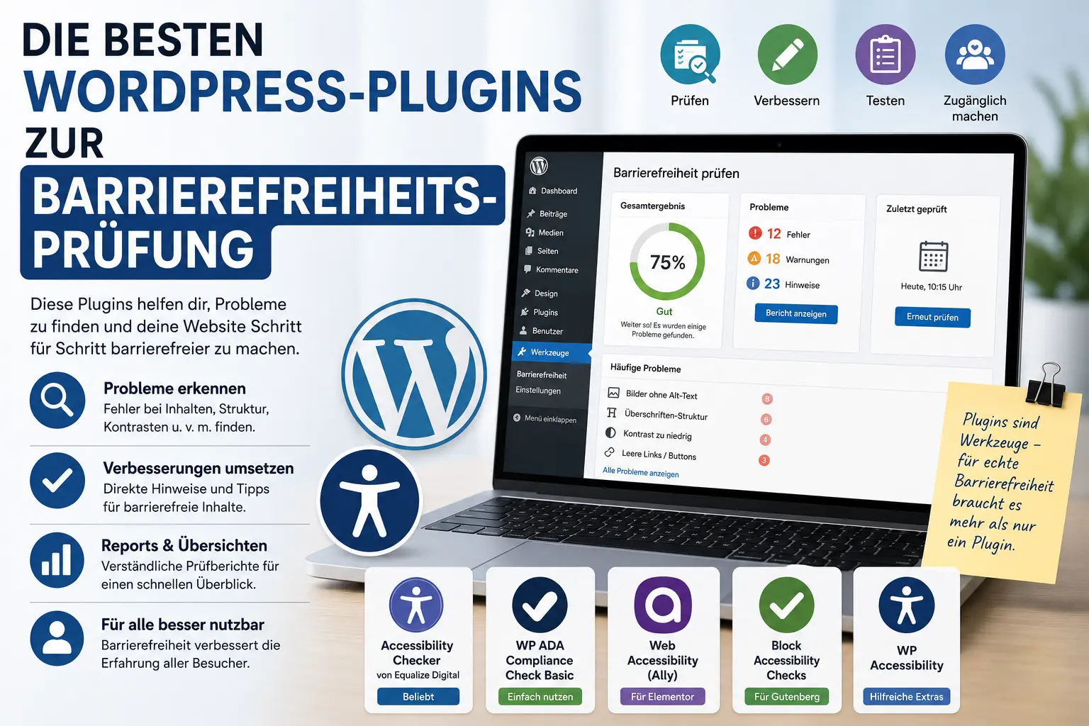 Infografik zeigt ein WordPress-Dashboard mit Ergebnissen einer Barrierefreiheitsprüfung und verschiedenen Prüf-Plugins.