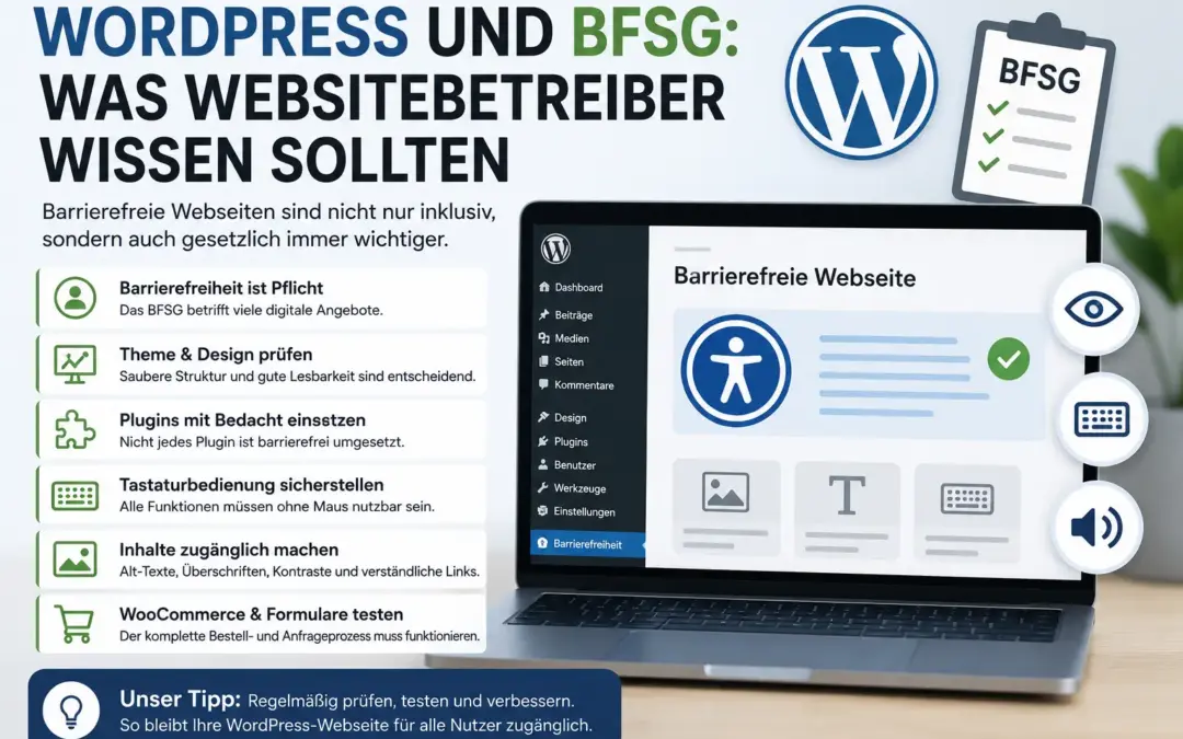 Infografik zeigt eine WordPress-Webseite mit BFSG-Checkliste und Symbolen für digitale Barrierefreiheit.