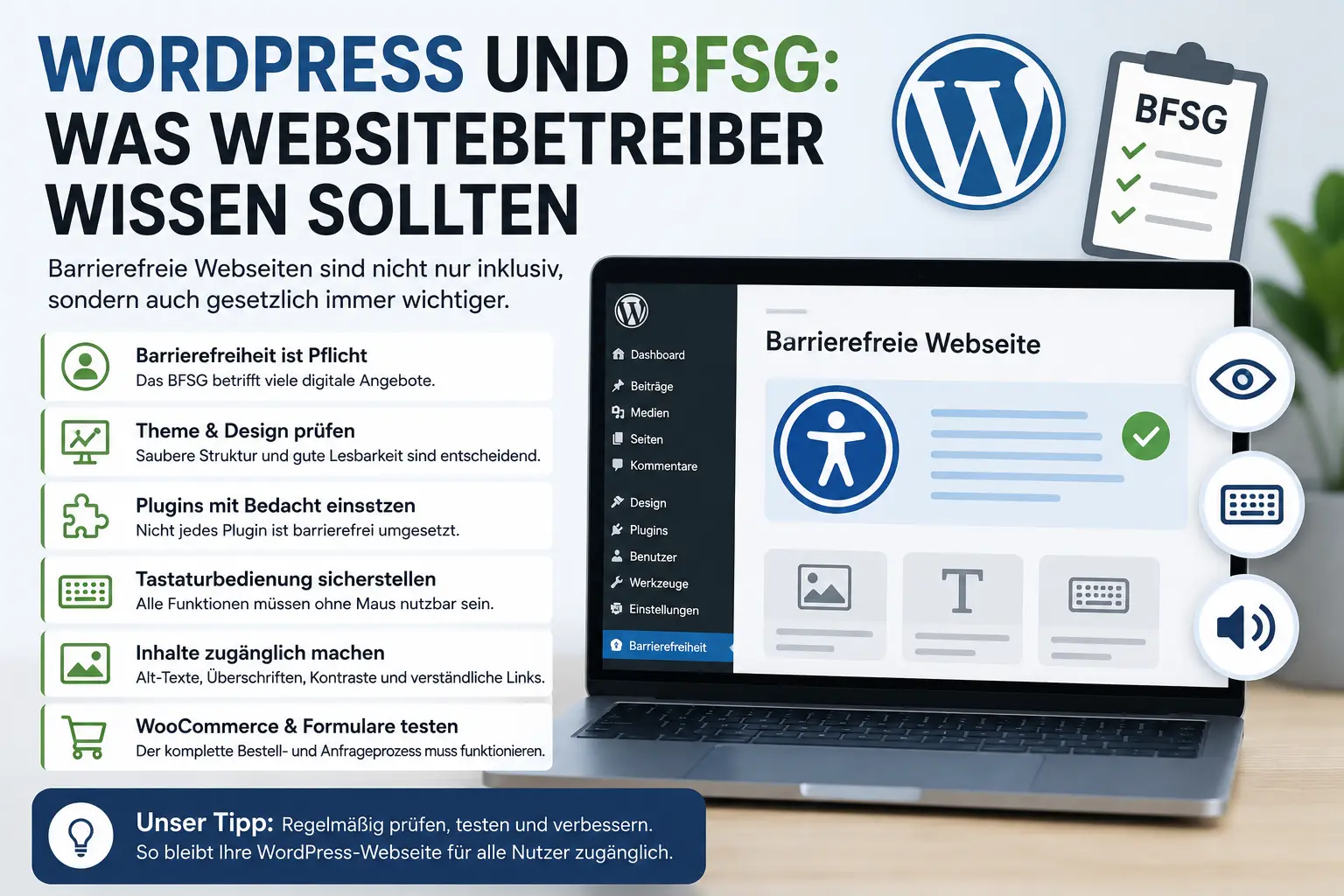 Infografik zeigt eine WordPress-Webseite mit BFSG-Checkliste und Symbolen für digitale Barrierefreiheit.