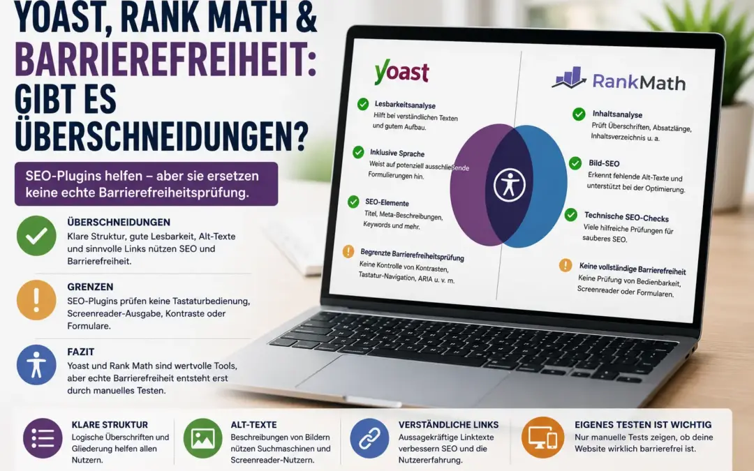 Infografik vergleicht Yoast und Rank Math mit Blick auf SEO, Alt-Texte, Lesbarkeit und Barrierefreiheit.
