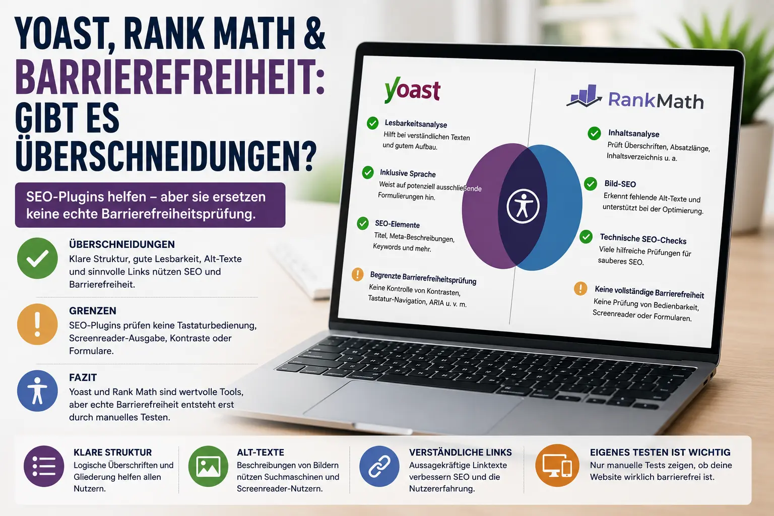 Infografik vergleicht Yoast und Rank Math mit Blick auf SEO, Alt-Texte, Lesbarkeit und Barrierefreiheit.