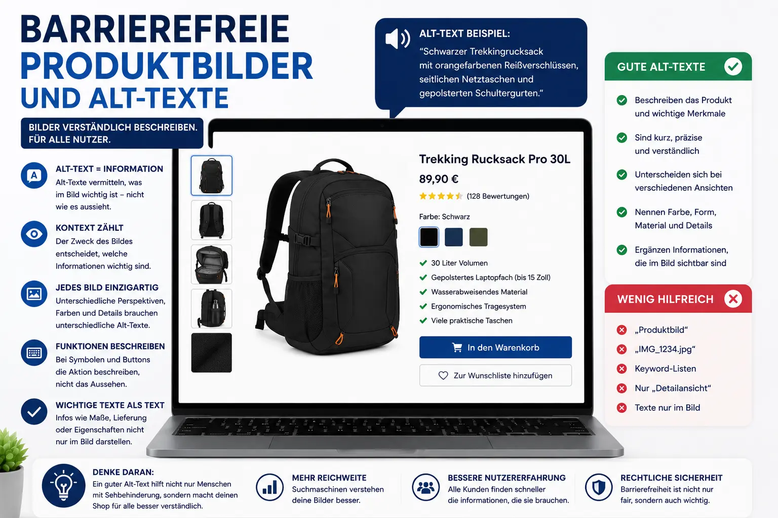 Infografik zu barrierefreien Produktbildern und Alt-Texten mit Online-Shop, Produktgalerie, Rucksack, Beispielbeschreibung sowie Hinweisen zu Bildinformationen und verständlichen Alternativtexten.
