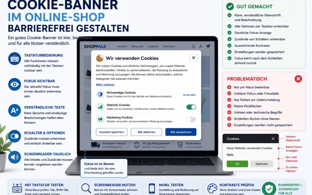 Infografik zu einem barrierefreien Cookie-Banner im Online-Shop mit Tastaturbedienung, sichtbarem Fokus, verständlichen Texten, Cookie-Schaltern, Screenreader-Hinweisen und klaren Auswahlmöglichkeiten.