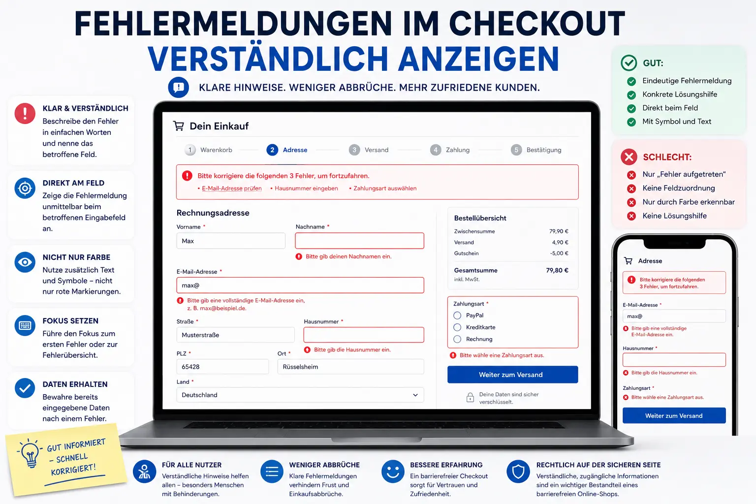 Infografik zu verständlichen Fehlermeldungen im Checkout mit Formularfeldern, Fehlerübersicht, sichtbaren Hinweisen, Fokussteuerung, Zahlungsart und mobiler Darstellung.