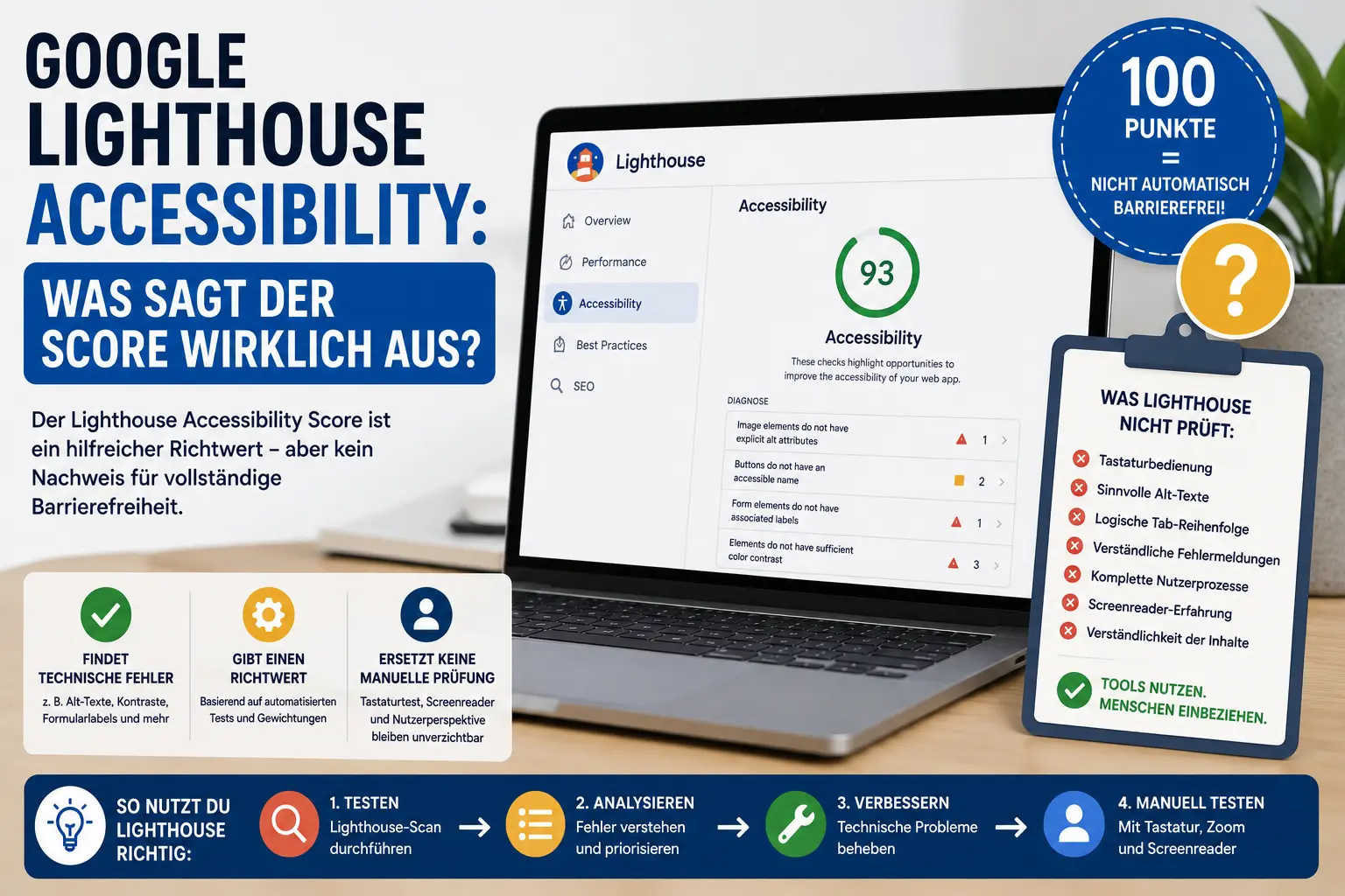 Infografik zum Google Lighthouse Accessibility Score mit Laptop, Accessibility-Bewertung, technischen Prüfhinweisen und dem Hinweis, dass 100 Punkte keine vollständige Barrierefreiheit garantieren.