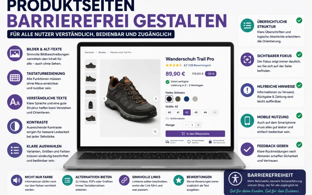 Infografik zu einer barrierefreien Produktseite mit Laptop, Produktbildern, Alt-Texten, Tastaturbedienung, Kontrasten, Varianten, sichtbarem Fokus und mobiler Nutzung.
