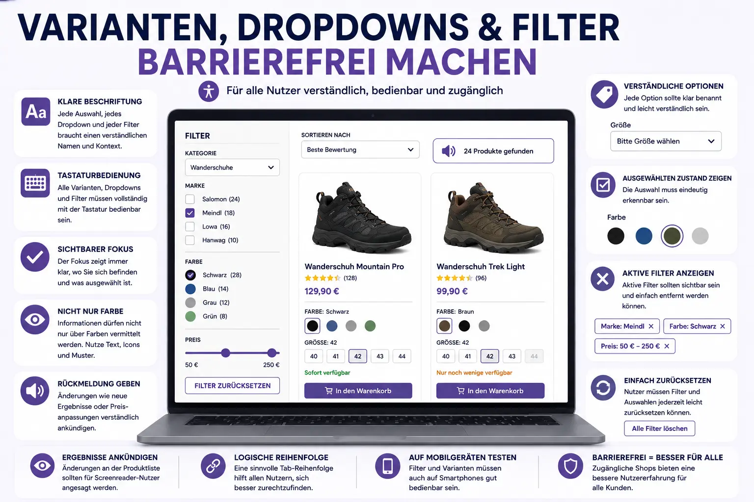 Barrierefreie Produktvarianten, Dropdowns und Filter in einem Online-Shop mit Tastaturbedienung, klaren Auswahlfeldern und sichtbarem Fokus.