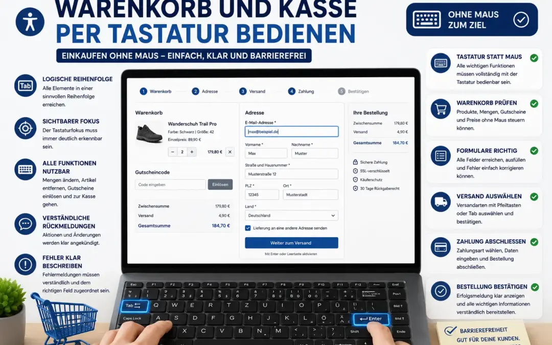 Infografik zu Warenkorb und Checkout mit Tastaturbedienung, sichtbarem Fokus, Formularen, Versand, Zahlung und Bestellbestätigung ohne Maus.