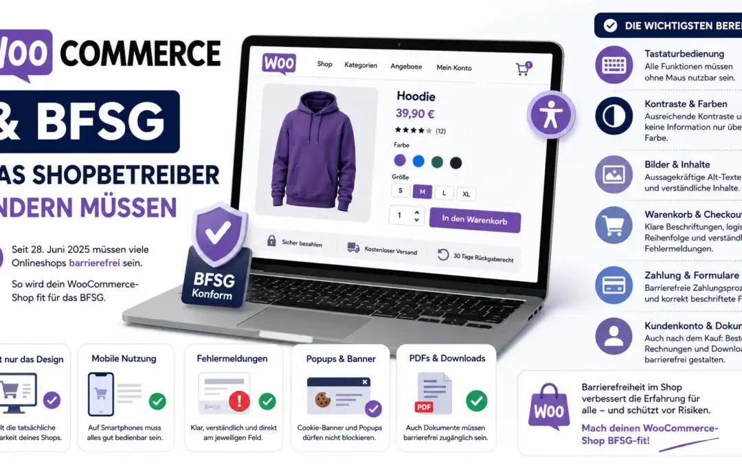 Infografik zu WooCommerce und BFSG mit Online-Shop auf einem Laptop sowie Hinweisen zu Tastaturbedienung, Kontrasten, Alt-Texten, Checkout, Zahlung, Kundenkonto, mobiler Nutzung und barrierefreien PDFs.