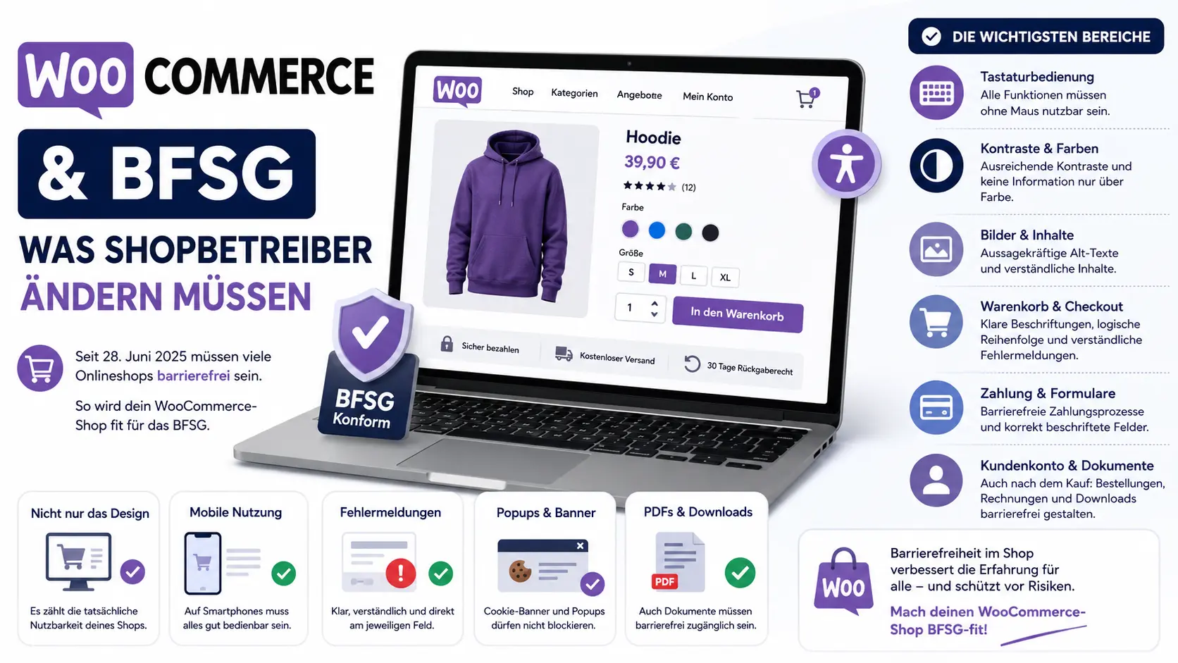 Infografik zu WooCommerce und BFSG mit Online-Shop auf einem Laptop sowie Hinweisen zu Tastaturbedienung, Kontrasten, Alt-Texten, Checkout, Zahlung, Kundenkonto, mobiler Nutzung und barrierefreien PDFs.