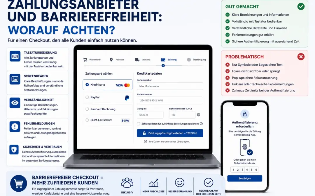 Infografik zu barrierefreien Zahlungsanbietern mit Checkout auf Laptop und Smartphone sowie Hinweisen zu Tastaturbedienung, Screenreader, Fehlermeldungen, Authentifizierung und verständlichen Zahlungsprozessen.