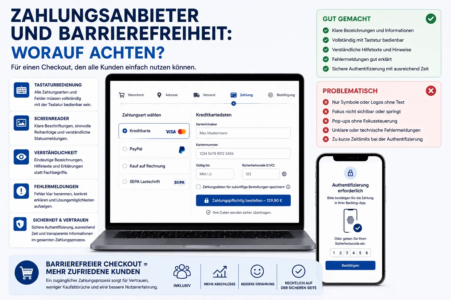 Infografik zu barrierefreien Zahlungsanbietern mit Checkout auf Laptop und Smartphone sowie Hinweisen zu Tastaturbedienung, Screenreader, Fehlermeldungen, Authentifizierung und verständlichen Zahlungsprozessen.